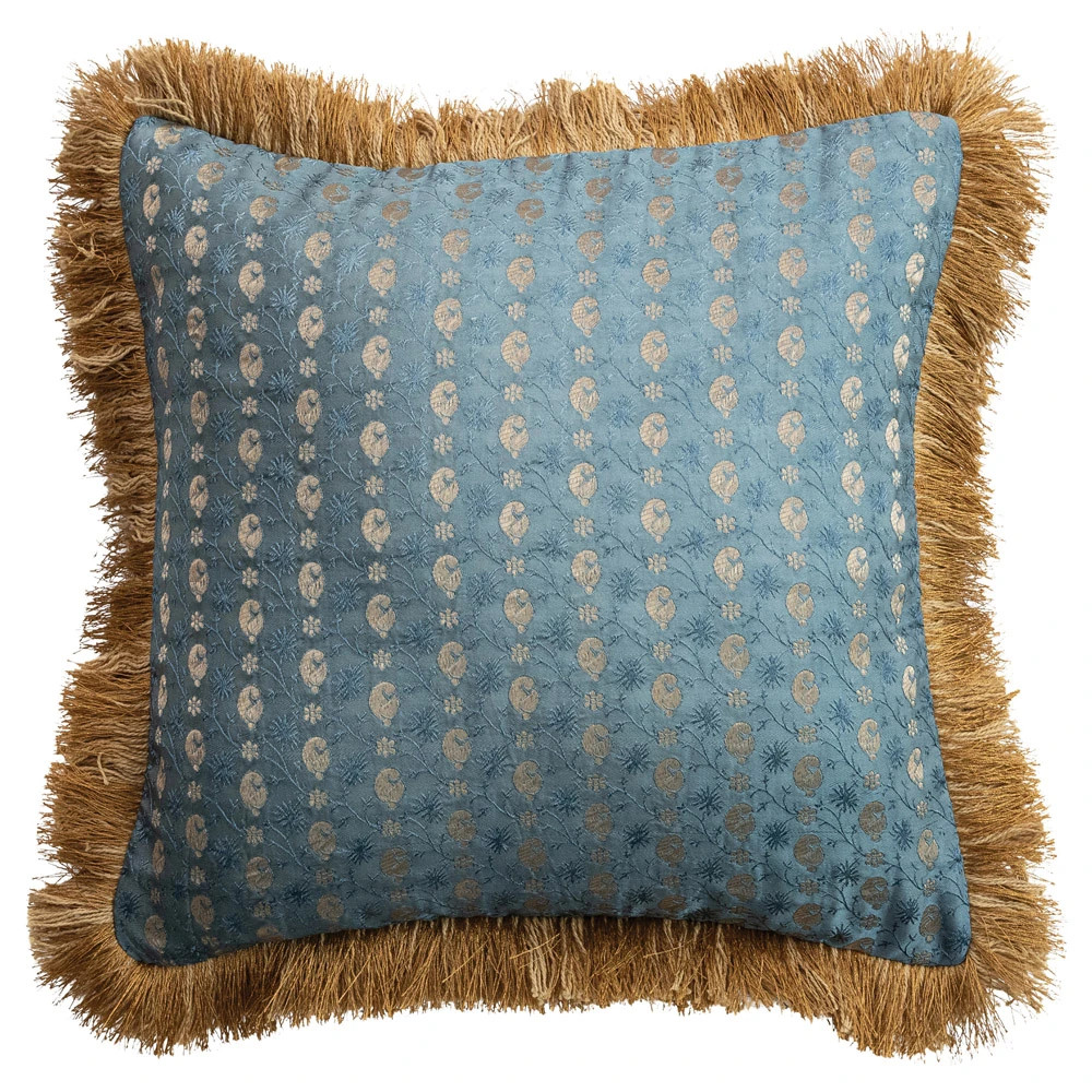 Elric Updated Traditional Blue Paisley Fringe Throw Pillow - 16x16 | Kathy Kuo Home