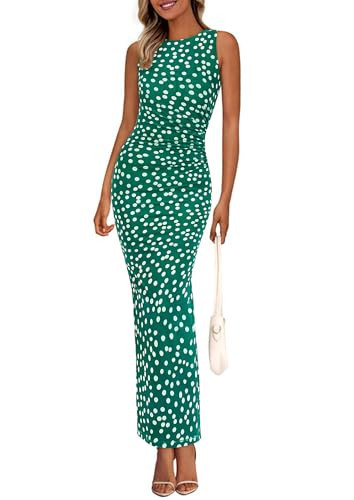 PRETTYGARDEN Womens Summer Wedding Guest Dress 2026 Spring Mesh Sleeveless Bodycon Ruched Floral Holiday Maxi Long Dresses(Dot Green,Small) | Amazon (US)