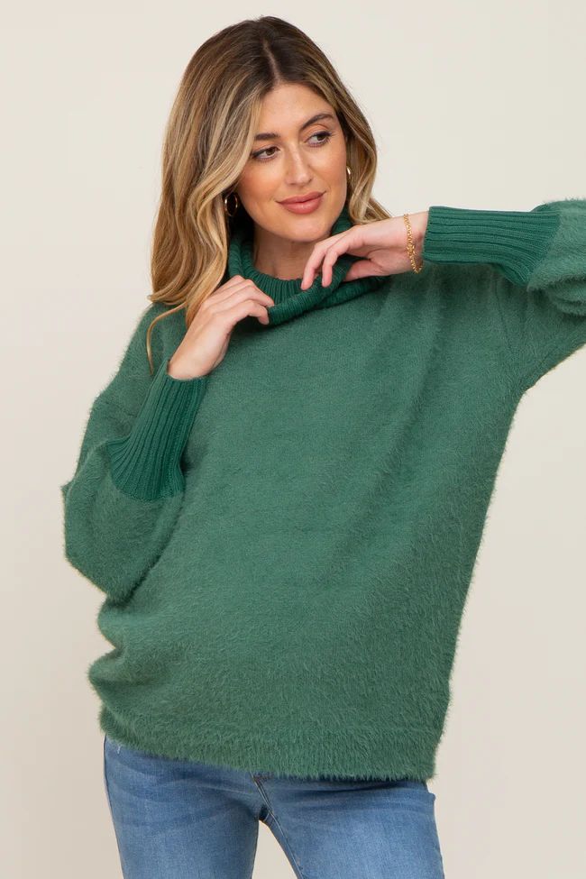 Forest Green Fuzzy Knit Turtleneck Maternity Sweater | PinkBlush Maternity