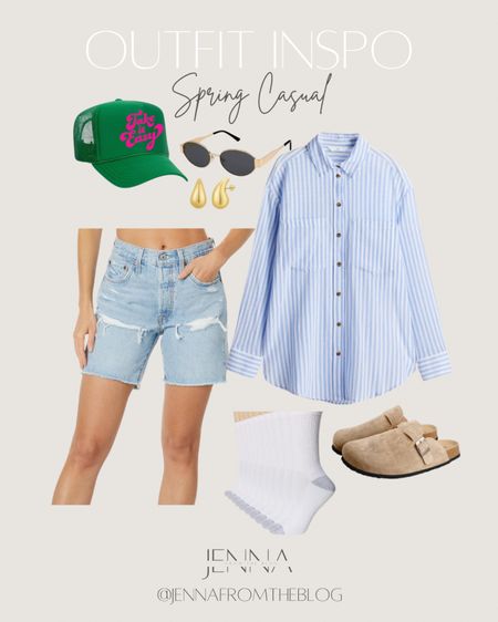 Spring outfit. Spring outfit idea. Vacation outfit. Summer casual. Summer outfit. Denim shorts. Blue button down. Trucker hat. Spring accessories. Clogs. Sunglasses. Bermuda shorts. Festival outfit. Mom outfit.

#LTKFestival #LTKfindsunder100 #LTKSeasonal