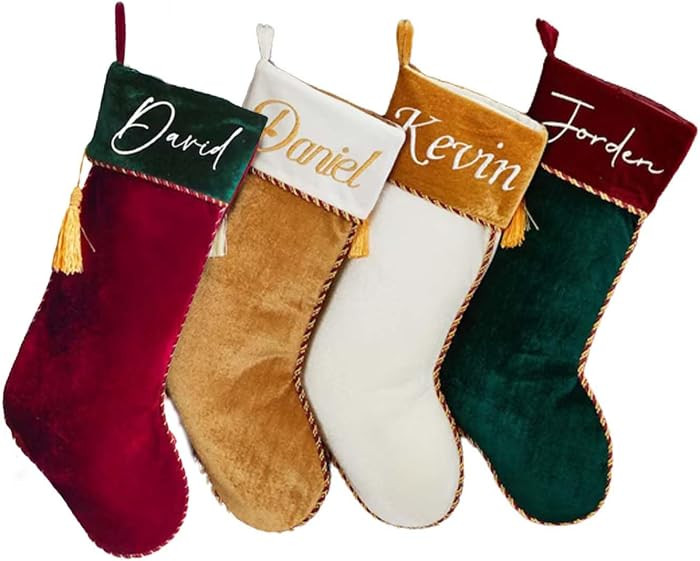 Personalized Velvet Christmas Stocking with Golden Tassels, Custom Name Embroidered Monogram Chri... | Amazon (US)