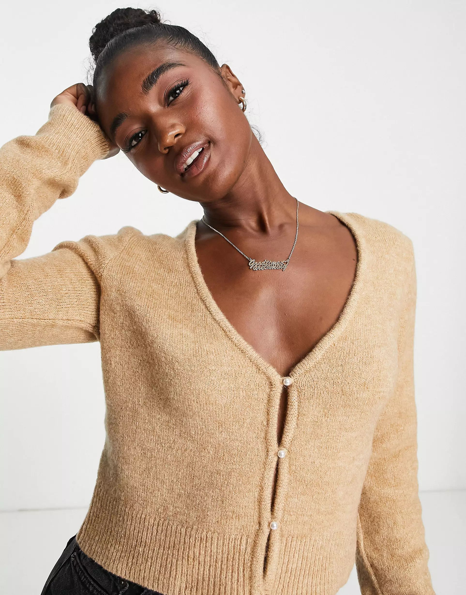 ASOS DESIGN v neck cardigan in fluffy yarn with faux pearl buttons in camel | ASOS | ASOS (Global)