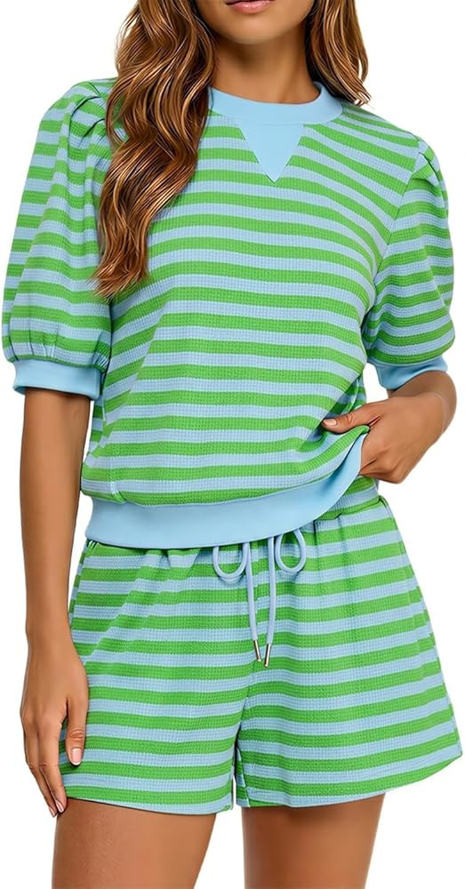 Opemiby Women 2 Piece Short Sets Summer Knitted Colorblock Striped Puff Sleeve T Shirt and Drawst... | Amazon (US)