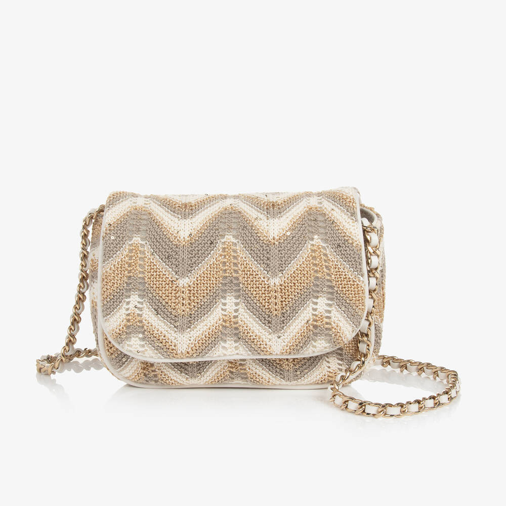 Girls Beige Knitted Zigzag Shoulder Bag (20cm) | Childrensalon