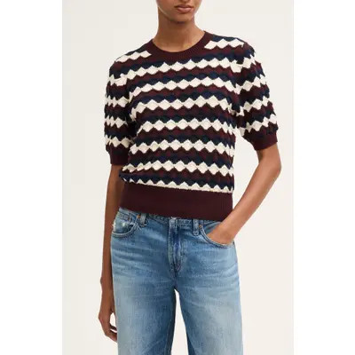 Madewell Puff Sleeve Crewneck Sweater in Smoked Claret Scallop Stripe at Nordstrom, Size X-Small | Nordstrom
