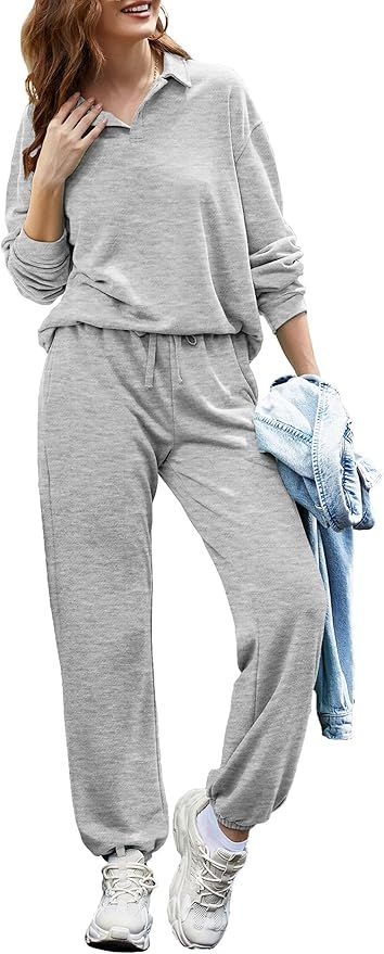 Hotouch Sweatsuit For Women 2 Piece Long Sleeve Loose Casual Button Down Sweatshirt Sweatpant Set... | Amazon (US)