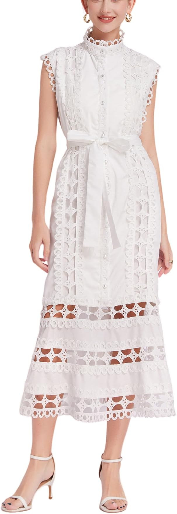Women Lace Hollow Out Dress Party Midi Casual Sleeveless Button High Neck Dresses with Belt | Amazon (US)