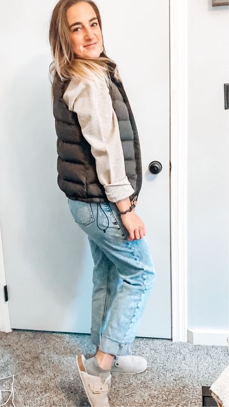 Women’s casual 
Women’s casual outfit 
Jeans 
Causal dinner 
Cold weather outfit 
Winter outfit 
Spring outfit 
Winter to spring outfit 
Puffer vest 
Henley shirt 
Clogs 
How to style men’s shirt 
Men’s Henley shirt 

#LTKstyletip #LTKshoecrush