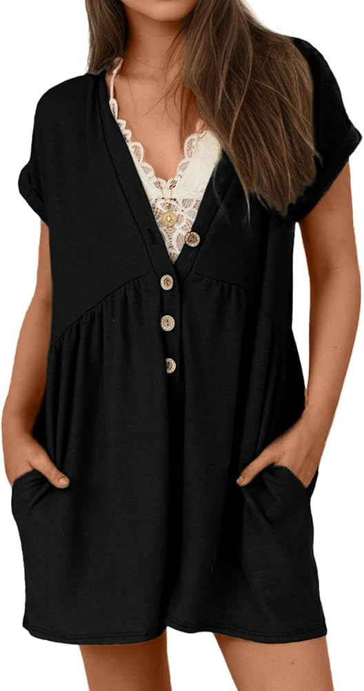 Glamaker Women's Summer Short Sleeve Romper Casual V Neck Wide Leg Short Jumpsuit Button Beach Ro... | Amazon (US)