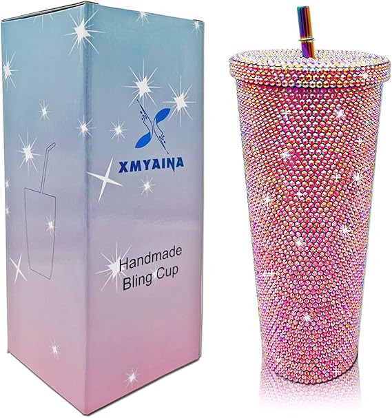 26oz Bling Cup Diamond Studded Tumbler Glitter Water Bottle with Lid and Straws Stainless Steel V... | Amazon (US)