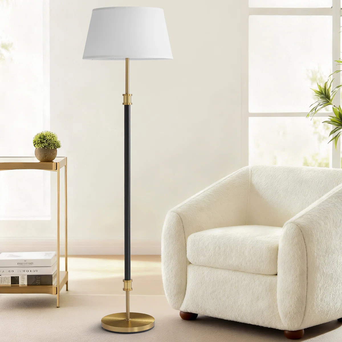 Mid-Century Modern Floor Lamp with Brass Accents and White Linen Shade | Wayfair North America
