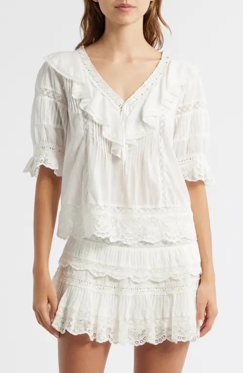 LoveShackFancy Romilly Ruffle & Lace Top in Off White at Nordstrom, Size X-Small | Nordstrom