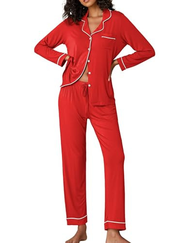 Ekouaer Christmas Sleepwear Pjs for Women Set Red Pajamas Lightweight Two Piece Sleep Set with Button,Red,Medium | Amazon (US)