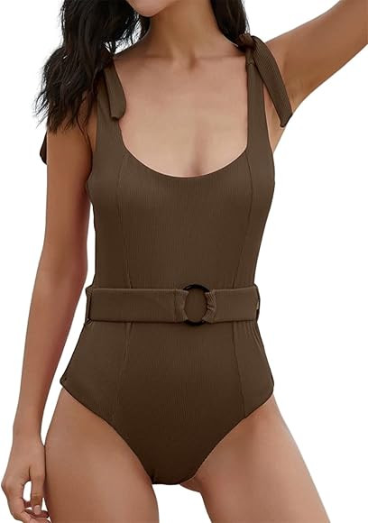 TSMEZA Women's One Piece Swimsuits Belt Tummy Control Bathing Suits Tie Shoulder Swimwear | Amazon (US)