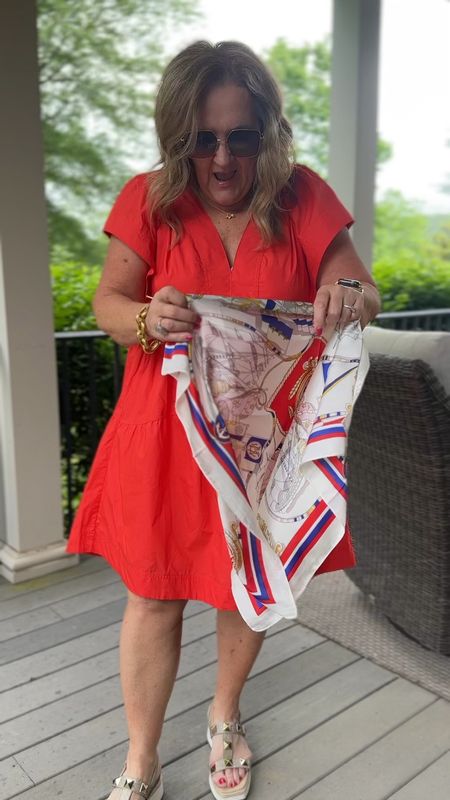 The prettiest tomato red poplin dress. It’s got great lines to it. I did size up to an XXL and it’s really roomy. Just depends on how you want to wear it. 

This scarf looks so much more expensive. 
15% off code NANETTE15

Memorial Day July 4th outfit summer picnic bbqs

#LTKover40 #LTKSeasonal #LTKmidsize