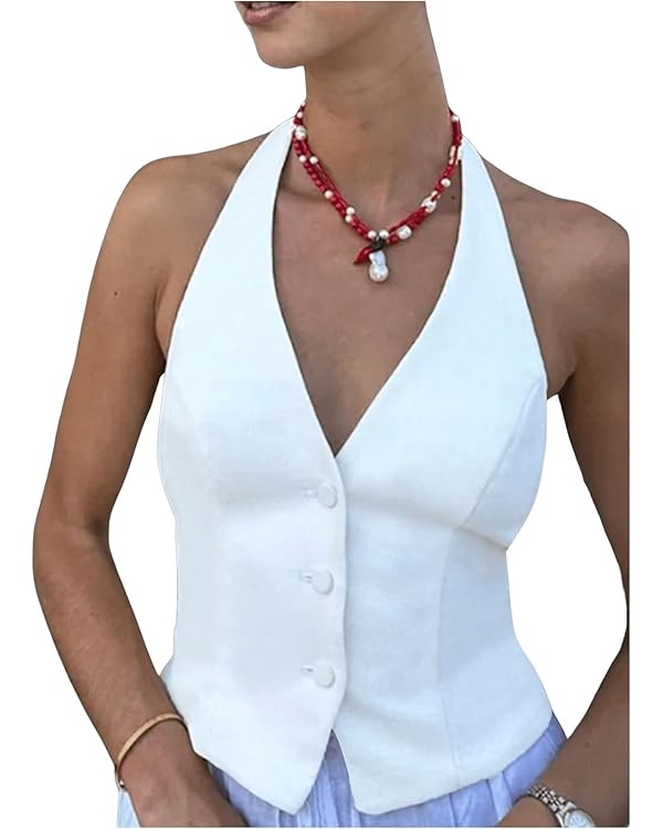 SHENHE Women's Backless Halter Crop Vest Button Up V Neck Dressy Going Out Suit Vest Top | Amazon (US)