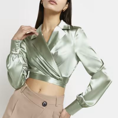 Green satin wrap top | River Island (UK & IE)