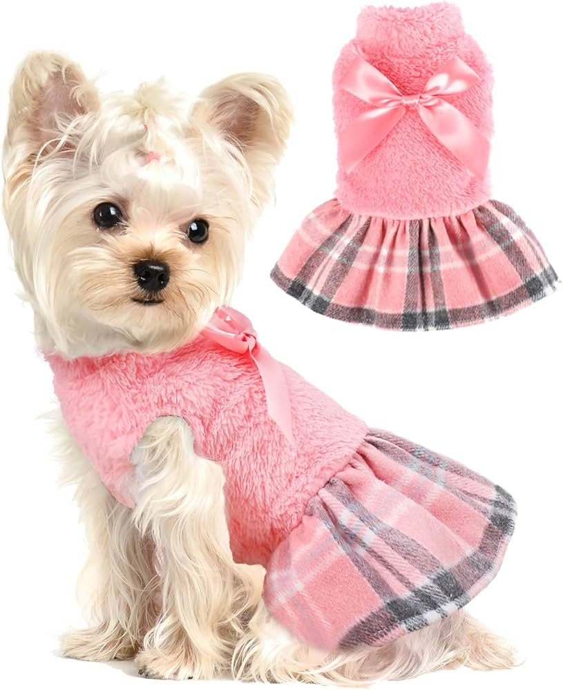 Winter Dog Dresses for Small Dogs Girl Turtleneck Pink Sweater Dress with Plaid Hem Soft Warm Fle... | Amazon (US)