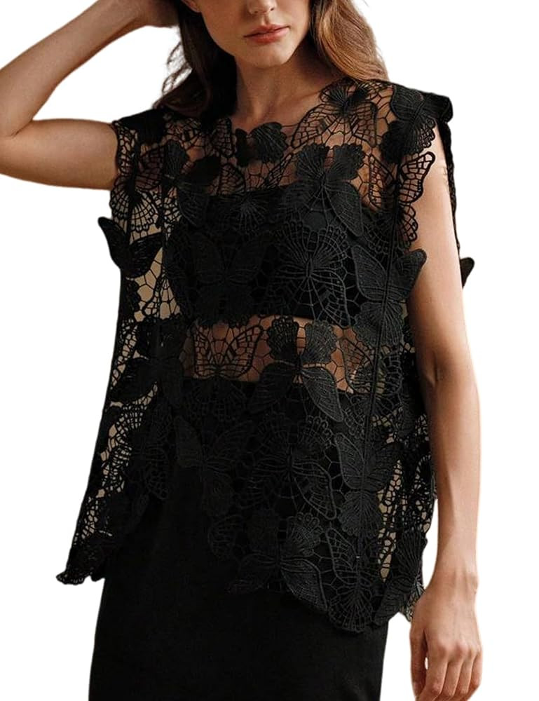 Arssm Womens Hollow Out Floral Lace Vest Crewneck See Through Tank Top Loose Fit Summer Crochet C... | Amazon (US)