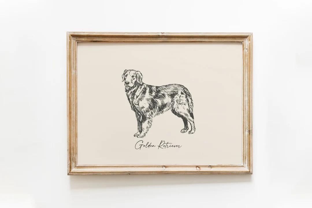 Dog Vintage Print Golden Retriever Print Dog Drawing Farmhouse Print Countryside Wall Art - Etsy | Etsy (US)