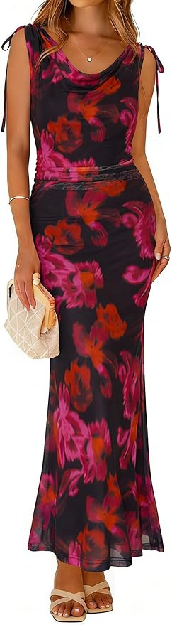 Simplee Womens Summer Wedding Guest Dress Floral Mesh Bodycon Maxi Dress Sexy Sleeveless Ruched P... | Amazon (US)