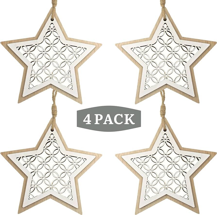 Wooden Star Christmas Tree Ornaments - Set of 4 - White Wooden Star Hanging Ornament - Rustic Far... | Amazon (US)