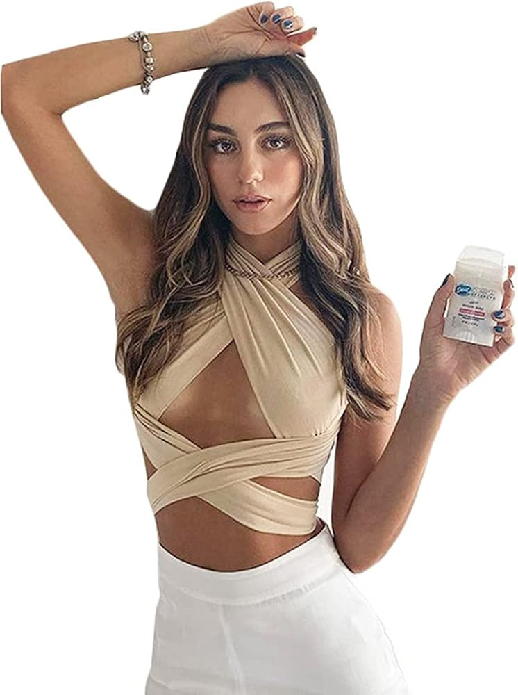 Women Rave Festival Wrap Wrap Crop Top Halter Bandage Criss Cross Self Tie Tank Tops | Amazon (US)