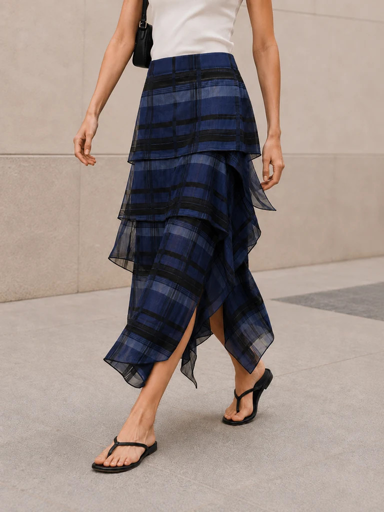 Plaid Tiered Asymmetrical Midi Skirt | Commense