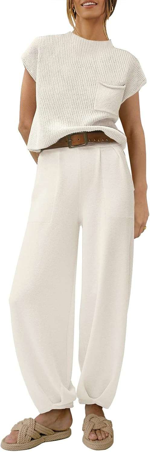 ANRABESS Women's Two Piece Outfits Sweater Sets Knit Pullover Tops and High Waisted Pants Tracksu... | Amazon (US)