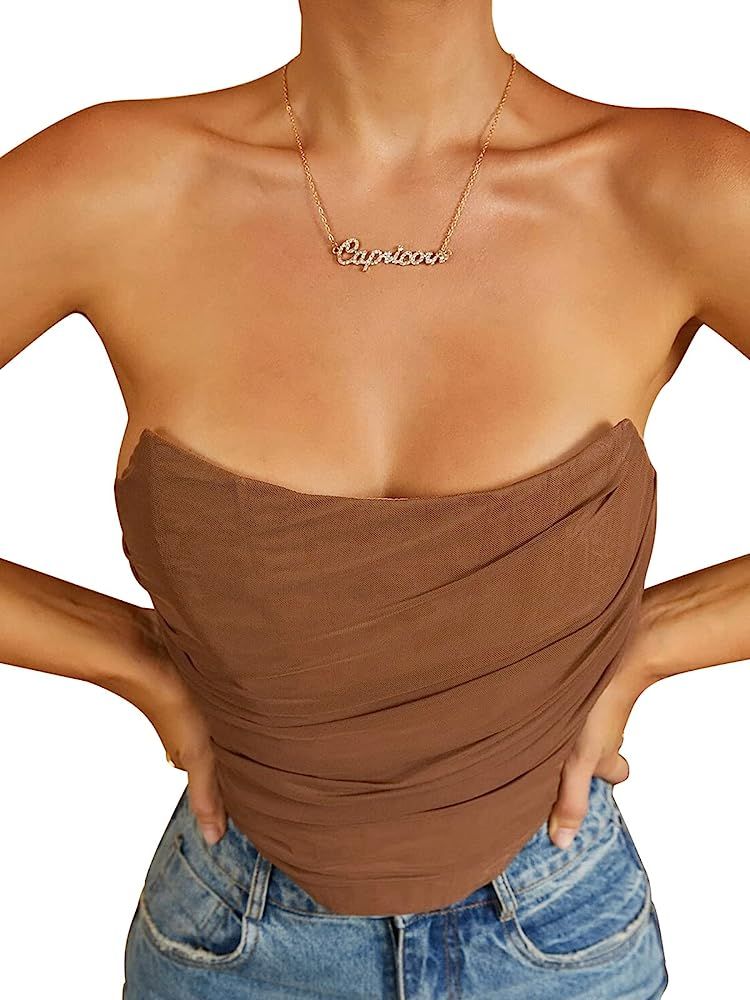 SansoiSan Women's Vintage Sexy Strapless Mesh Bustier Off The Shoulder Zipper Back Boned Corset Crop | Amazon (US)