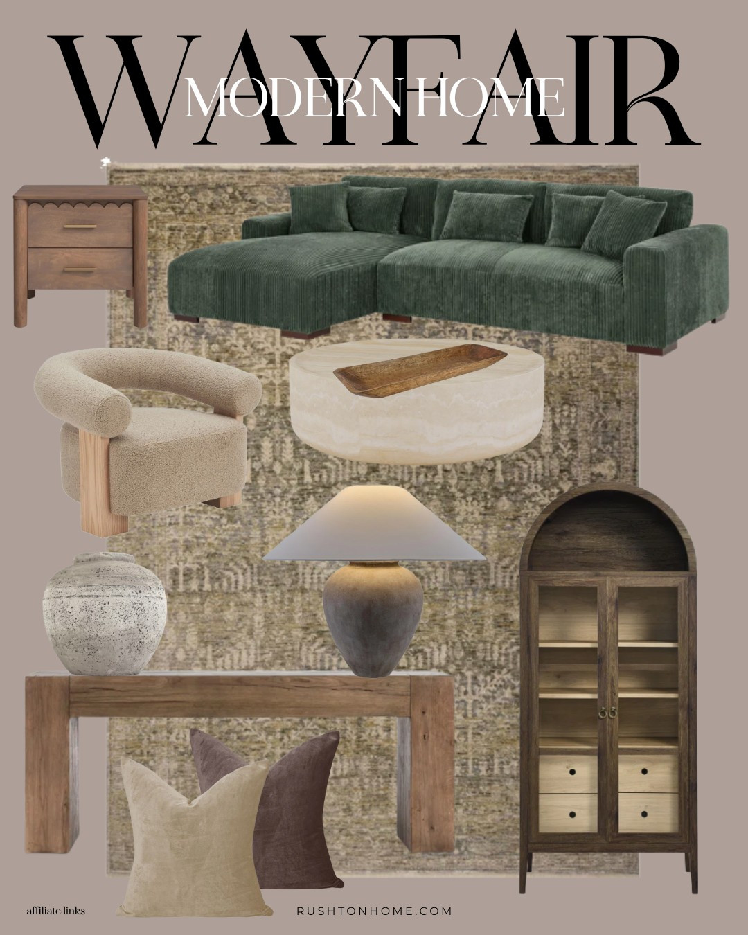 Green, natural earthy vibes in this living room! This arched display cabinet is beautiful and unique and I love the dark brown wood tones. Pair that with the minimal, rustic console table and accent chairs, and the whole room is looking great. This big statement lamp is also great!! Plus this big chaise couch looks sooo comfy and I love the corduroy texture.

I've been loving these @wayfair home finds! This inspiration pulls together a vibe that feels antique, european, earthy and yet still modern.

Home decor, home design, interior design, furniture, console table, accent chairs, vases, candlesticks, bench, cabinet, sideboard, dining table, sofa, sectional, side table, lamp, pillows, throw pillows, display case, decor cabinet, arched cabinet
 

 

#LTKWatchNow #LTKHome #LTKSaleAlert