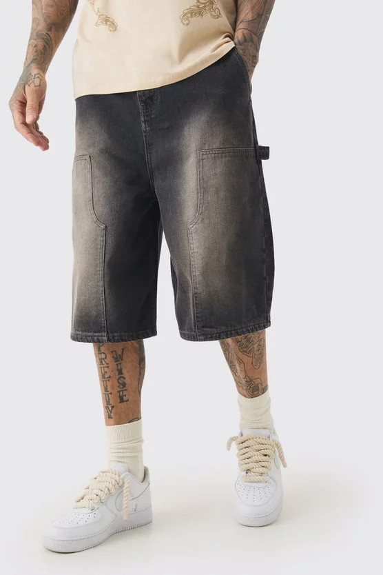 Tall Carpenter Detail Denim Jorts In Grey | boohooMAN (US & Canada)
