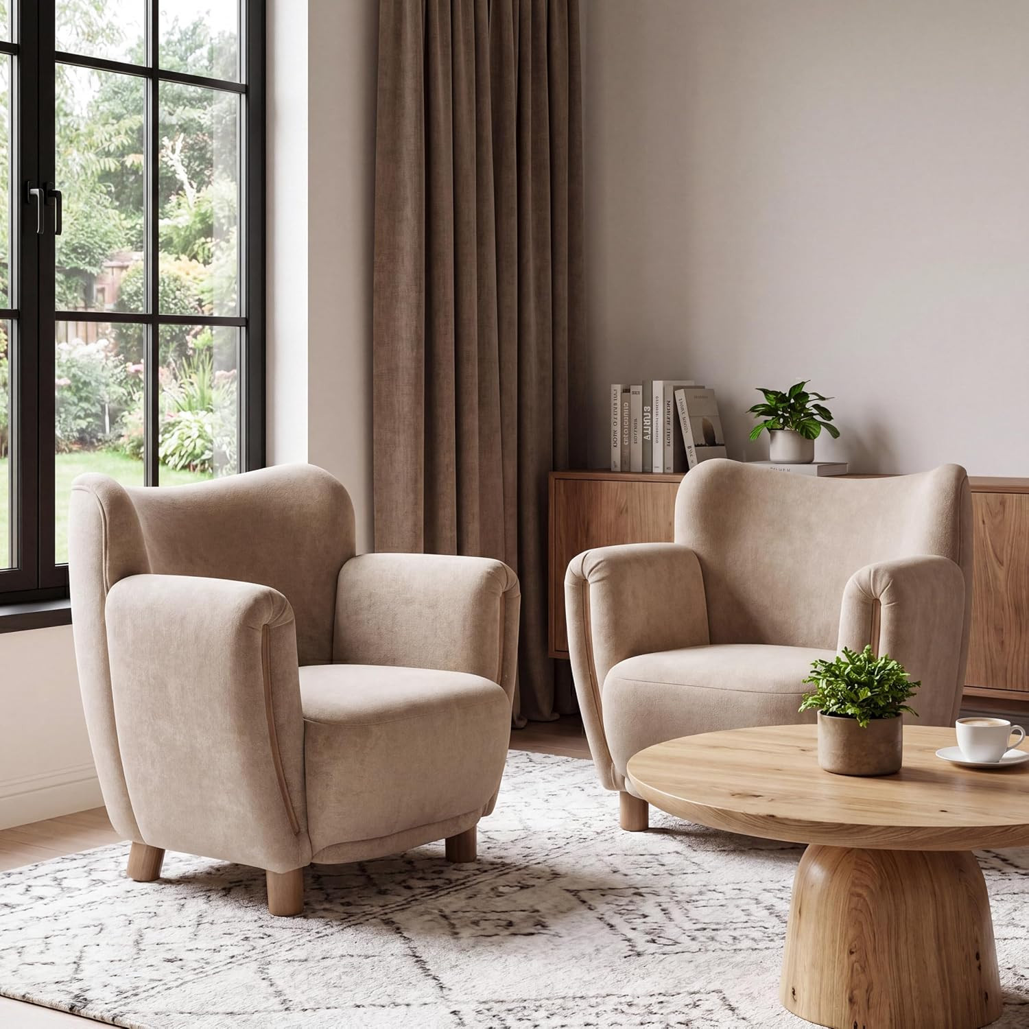 Christopher Knight Home Beba Low Profile Wingback Accent Chair Set of 2, Velvet Club Chair, Bedroom Comfy Reading Chair, Wooden Living Room Single Lounge Sofa, Light Brown | Amazon (US)
