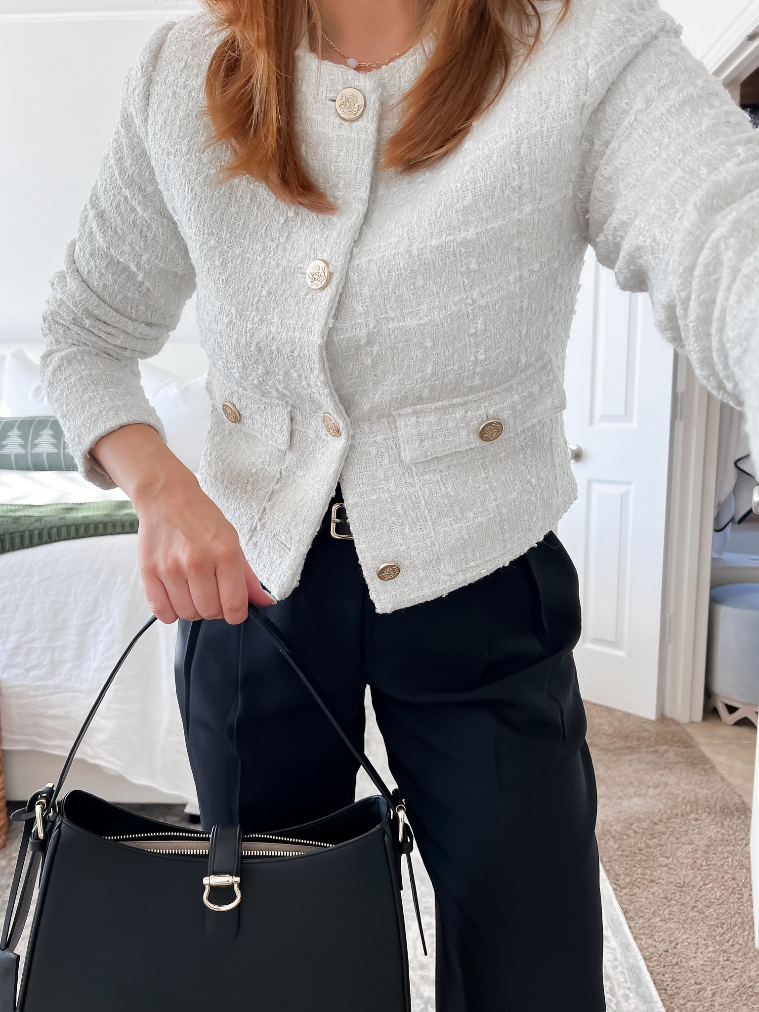 Abercrombie 15% off tweed jacket and pleated wide leg pants!! 

Sizing:
Tweed jacket - small
Wide leg pant - 28 (I size up and go with long to get them long enough for heels!)

#LTKworkwear #LTKsalealert #LTKSpringSale