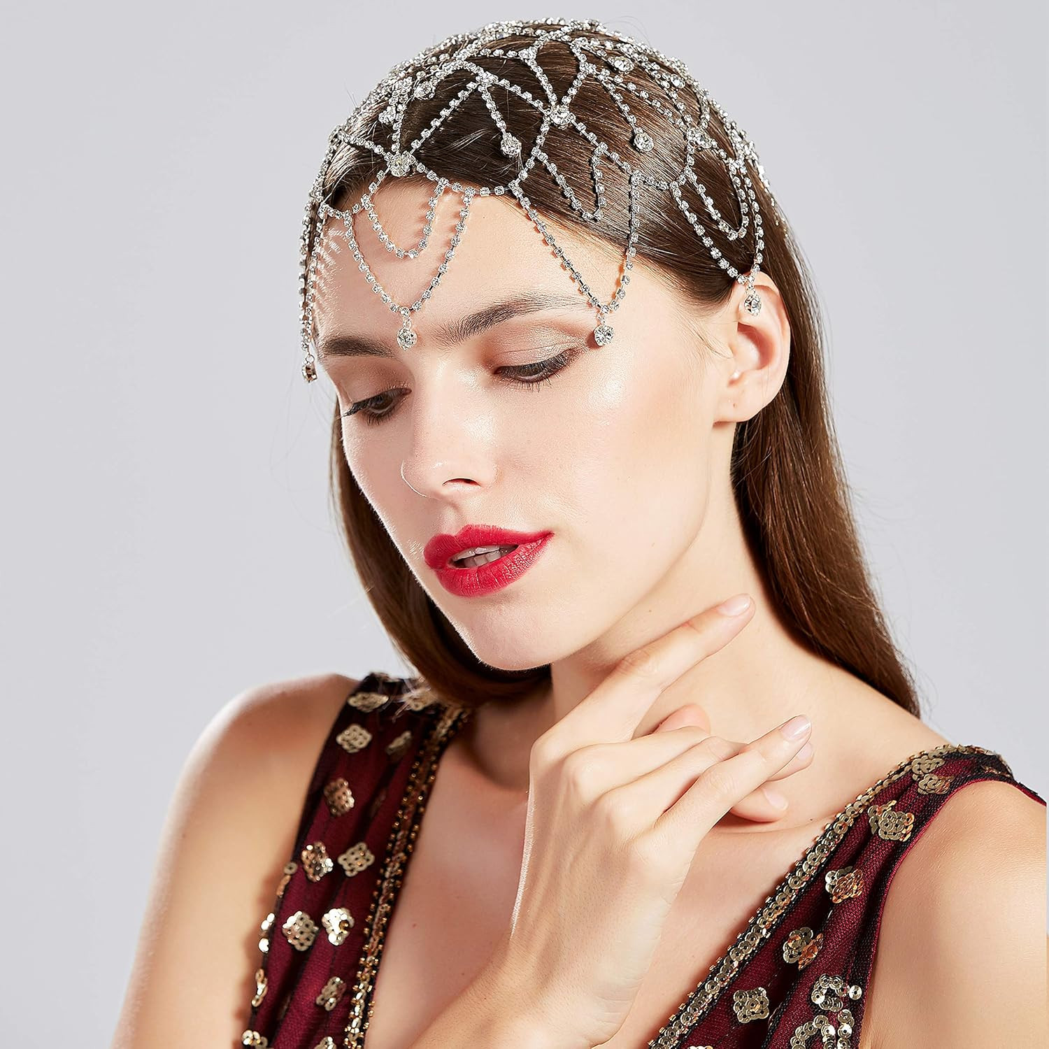 BABEYOND 1920s Crystal Cap Headpiece Rhinestone Head Chain Roaring 20s Great Gatsby Hair Accessor... | Amazon (US)