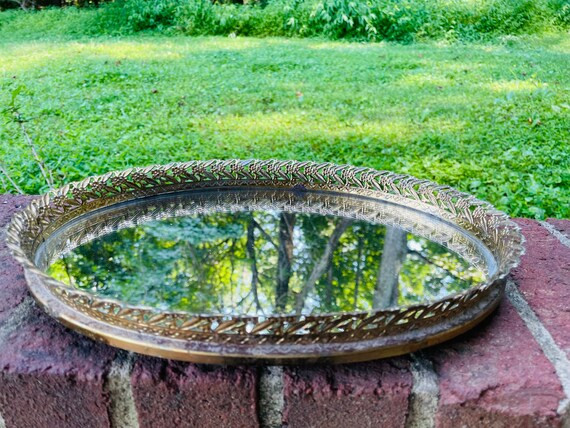 Vintage Oval Mirror Gold Tone Filigree vanity tray  or wall hanging | Etsy (US)