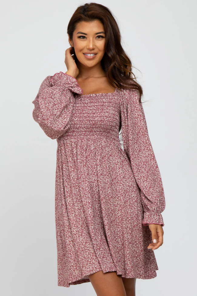 Plum Floral Smocked Peasant Sleeve Dress | PinkBlush Maternity