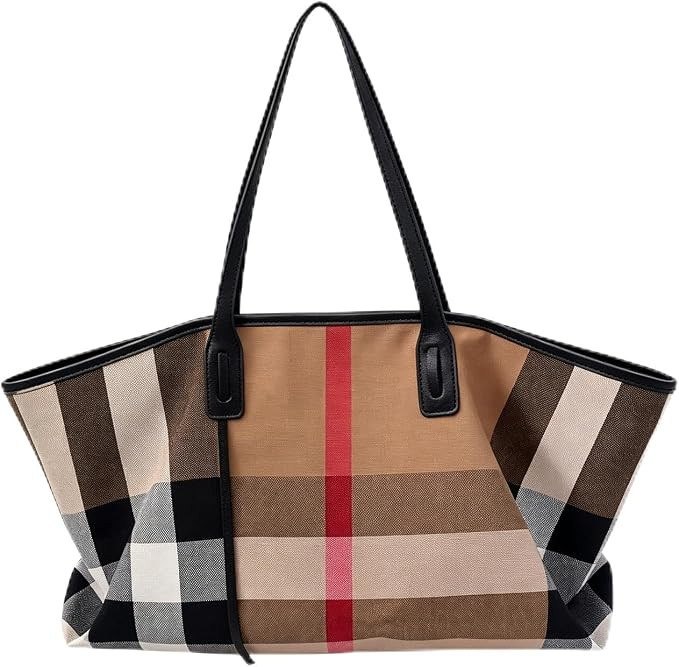 SPlaid Tote Bag for Women, Large Canvas Work Tote with Zipper | Soft leather handles & trimmed to... | Amazon (US)
