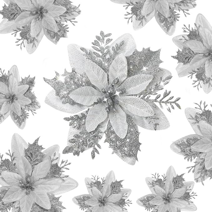 12 Pcs Poinsettia Flowers Artificial Christmas Decorations,Artificial Silver Poinsettia Flowers f... | Amazon (US)