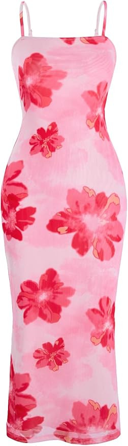 Verdusa Women's Sundress Floral Dress Boho Beach Mesh Midi Dress Split Summer Holiday Bodycon Dre... | Amazon (US)