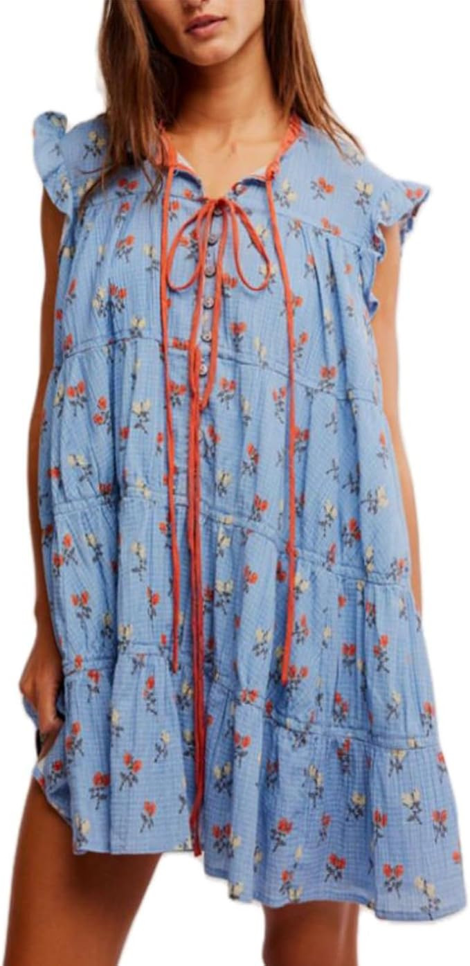 Women Y2k Babydoll Mini Dress Boho Floral Tie up Button Sleeveless Short Dress Ruffle Flowy Sundr... | Amazon (US)