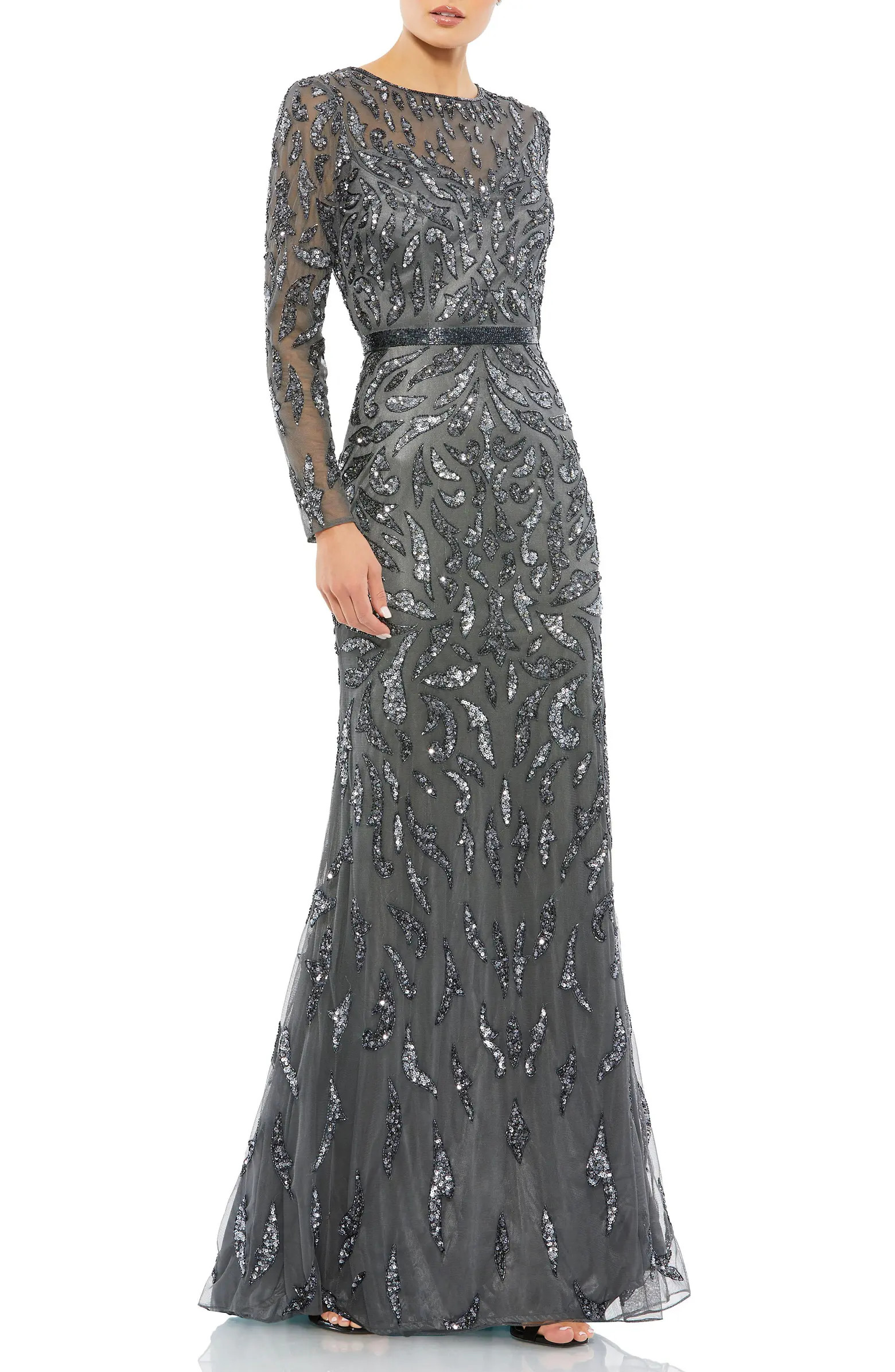 Abstract Beaded Long Sleeve Evening Gown | Nordstrom