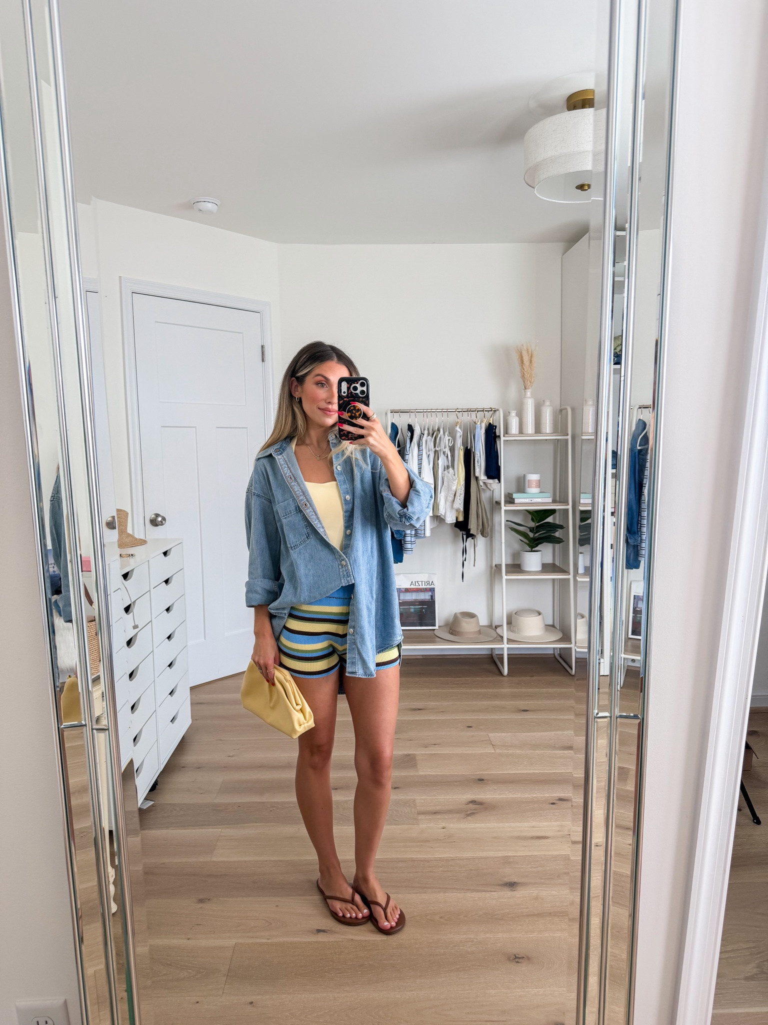 Easy summer to early fall outfit 
+ aritzia denim button down: xs 
+ yellow halter top: xs — part of a workout set 
+ sweater shorts: xs — could have done a small

#LTKootd #LTKgrwm #LTKPetite