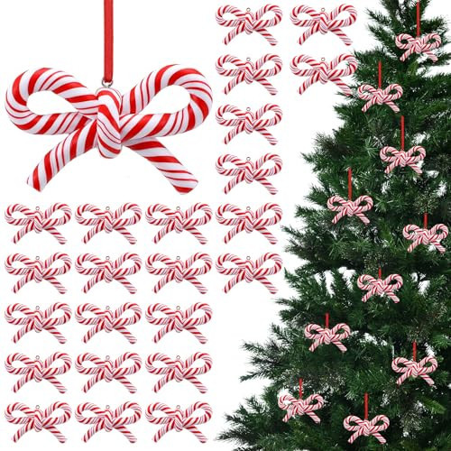 Hungdao 24 Pcs Bow Candy Cane Christmas Ornaments Red and White Christmas Tree Decoration Stripe Candy Cane Hanging Ornament Polymer Clay Peppermint Pendant for Xmas Tree Home Party Holiday Decor | Amazon (US)