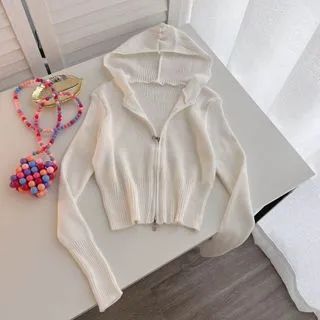 Hooded Zip-Up Cropped Cardigan White - One Size | YesStyle Global