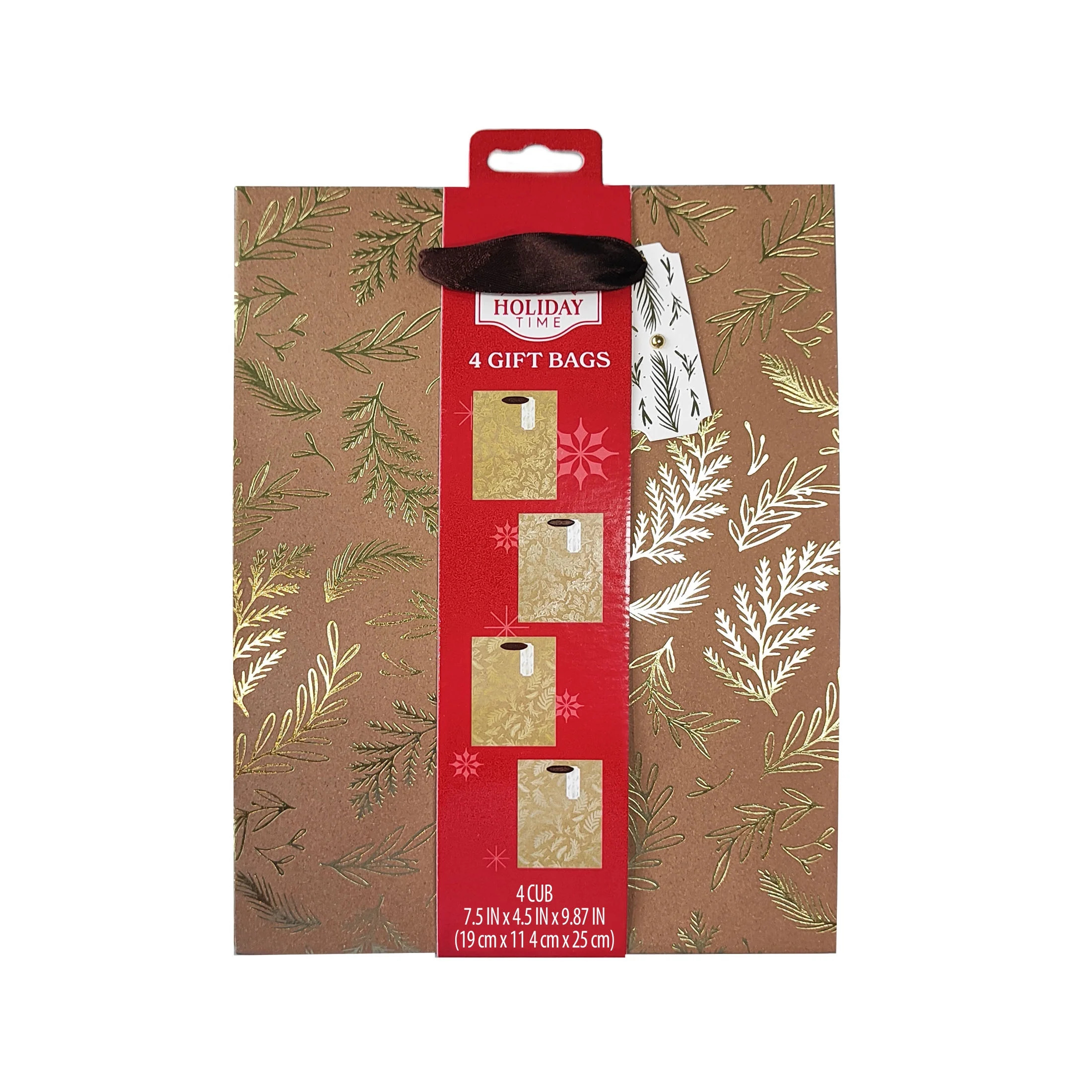 Medium Kraft Foil Floral Christmas Paper Gift Bag Set, 7.5" x 4.5" x 9.88", 4 Count, by Holiday T... | Walmart (US)