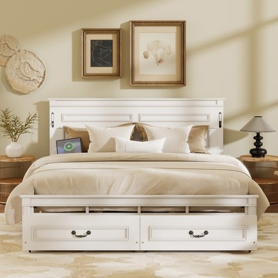 King Size Bed with Tall Panel Headboard, 2 Storage Drawers, USB Charging Station, and LED Lights | Target