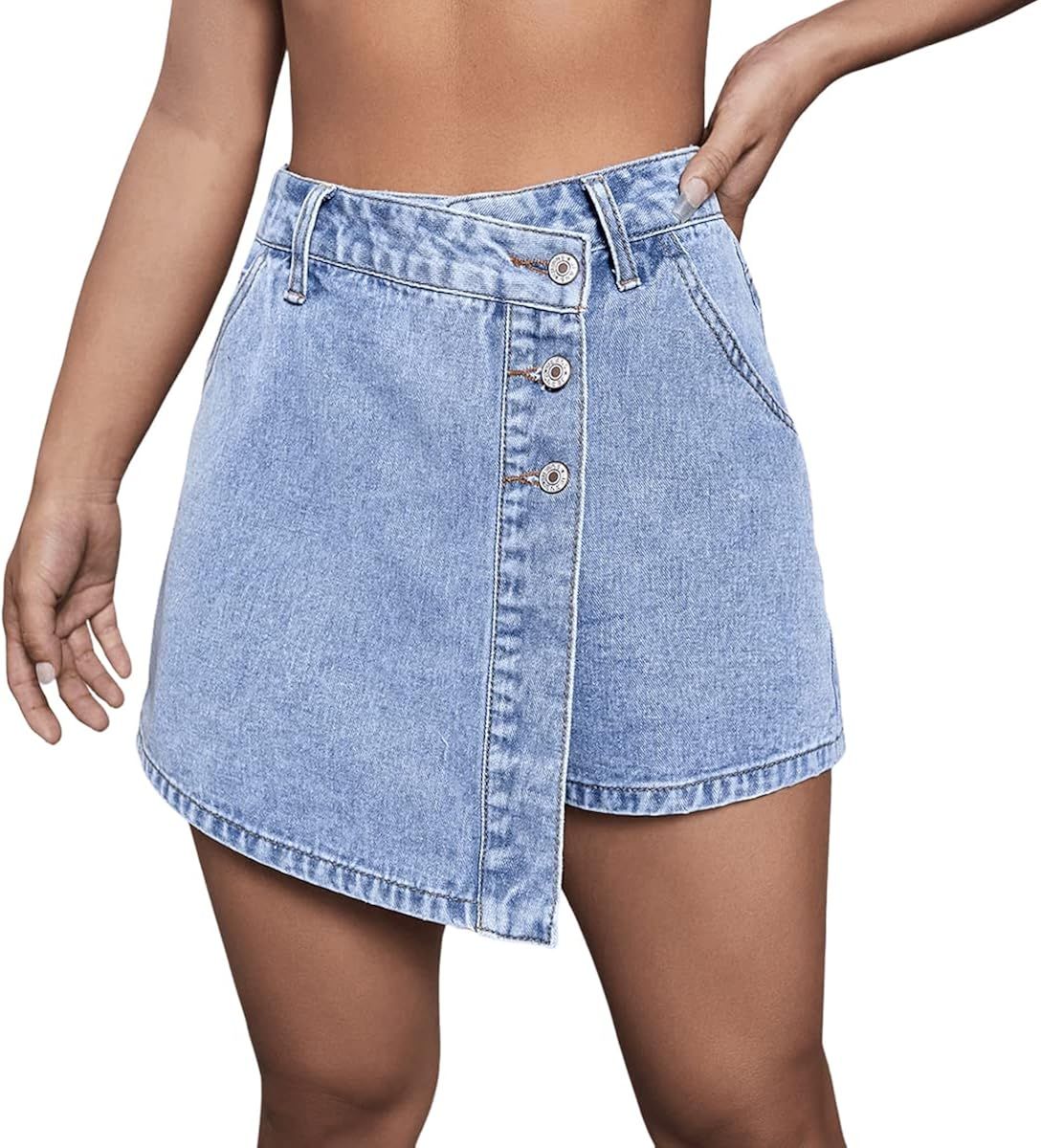 SweatyRocks Women's Casual High Waisted Denim Skort Skirt Button Wrap Shorts with Pocket | Amazon (US)