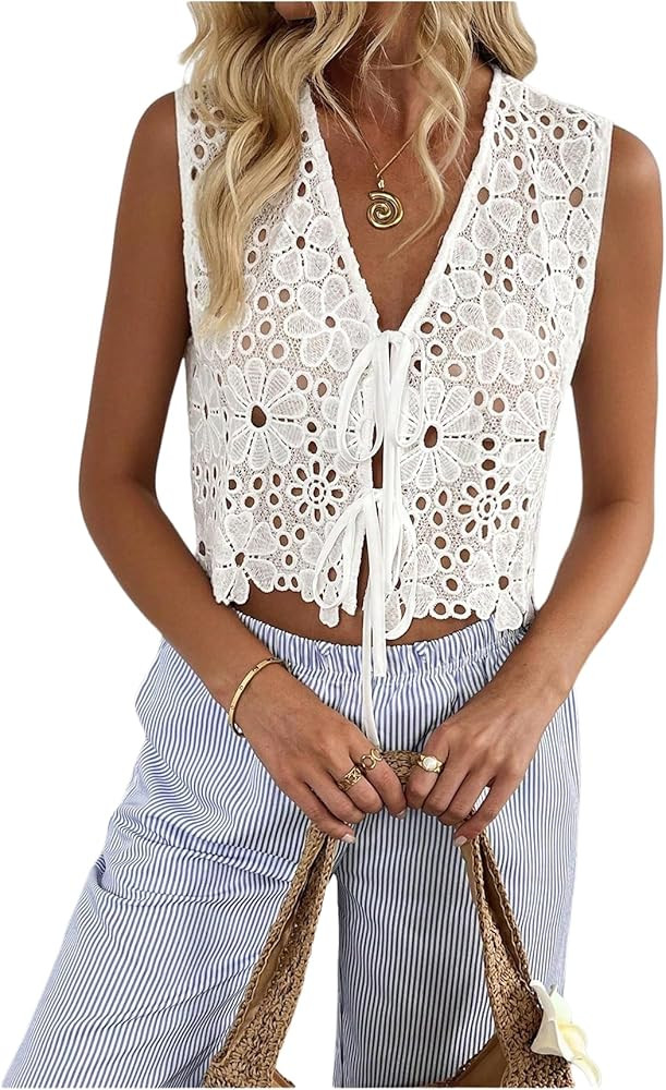 GORGLITTER Women's Eyelet Tie Front Tops Crochet Embroidered Hollow Out Sleeveless Cropped Vest S... | Amazon (US)