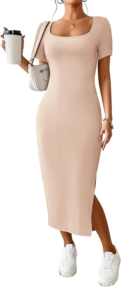 CFLONGE Women's 2024 Summer Bodycon Sundresses Casual Short Sleeve Square Neck Midi Dress Knit Si... | Amazon (US)